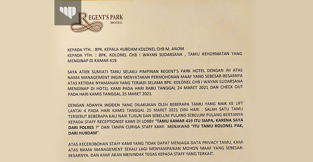 Hotel Regent's Park Layangkan Surat Permintaan Maaf Resmi, Terkait